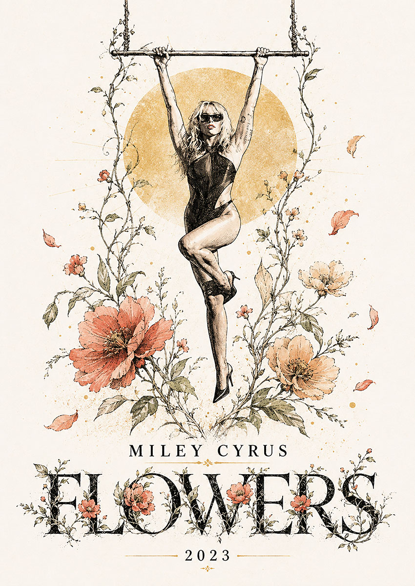 Miley Cyrus Flowers themed art featuring botanical illustrations and a stylized silhouette on a cream background